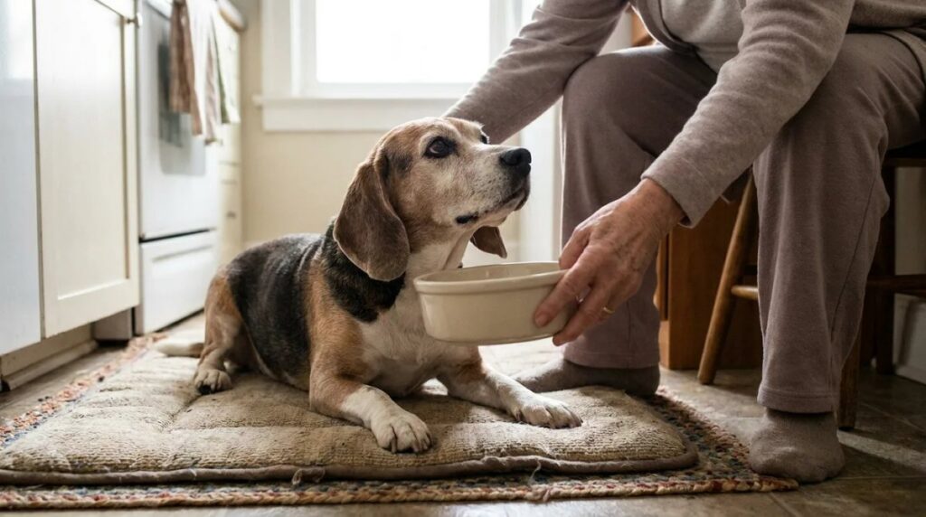 An older Beagle rests on a mat as its owner handles a bowl