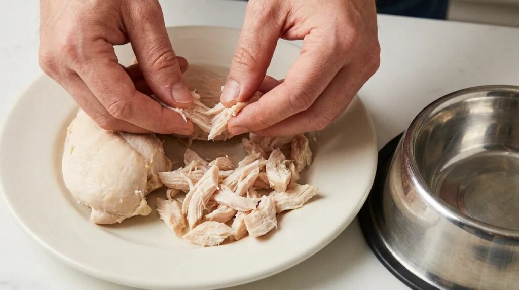 Hands break plain cooked chicken into small pieces beside a dog bowl.