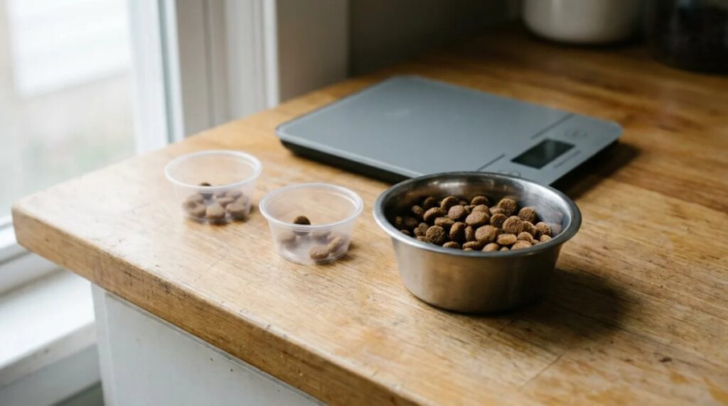 A measured daily ration of dog food beside separate treat portions.