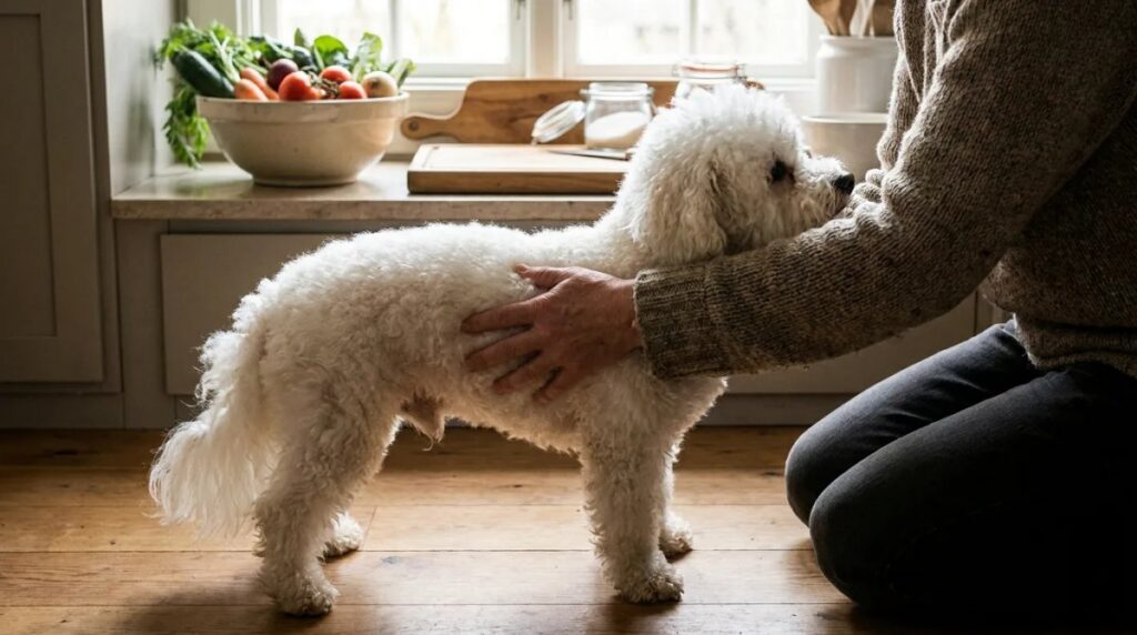An owner gently feels a Bichon Frise's body condition through its coat.