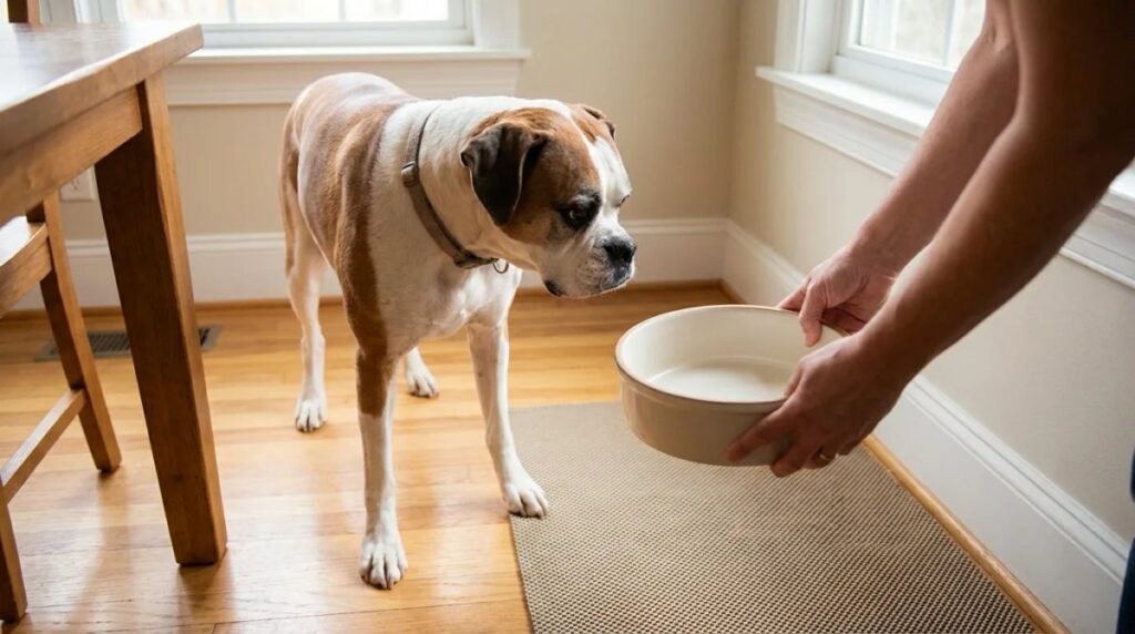 An adult white-and-fawn Boxer waits as an owner lowers a bowl
