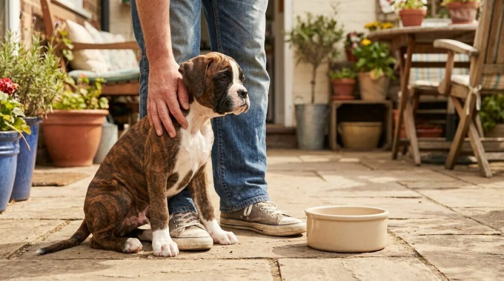 A Boxer puppy sits beside its owner on a patio