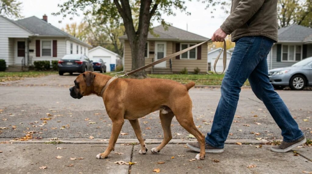 A fawn Boxer walks with its owner on a neighborhood sidewalk