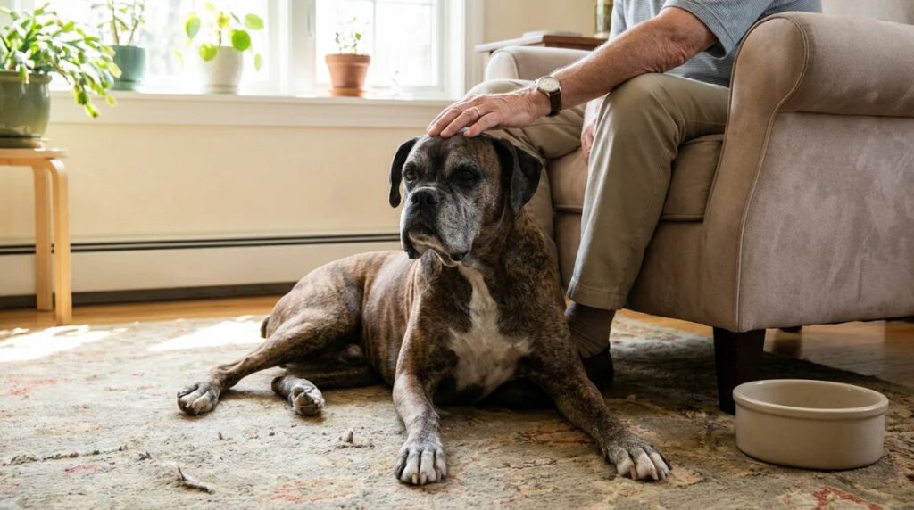 An older brindle Boxer rests beside its owner indoors