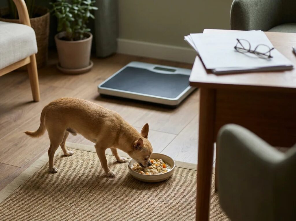 Chihuahua eating from a shallow bowl on a floor mat.