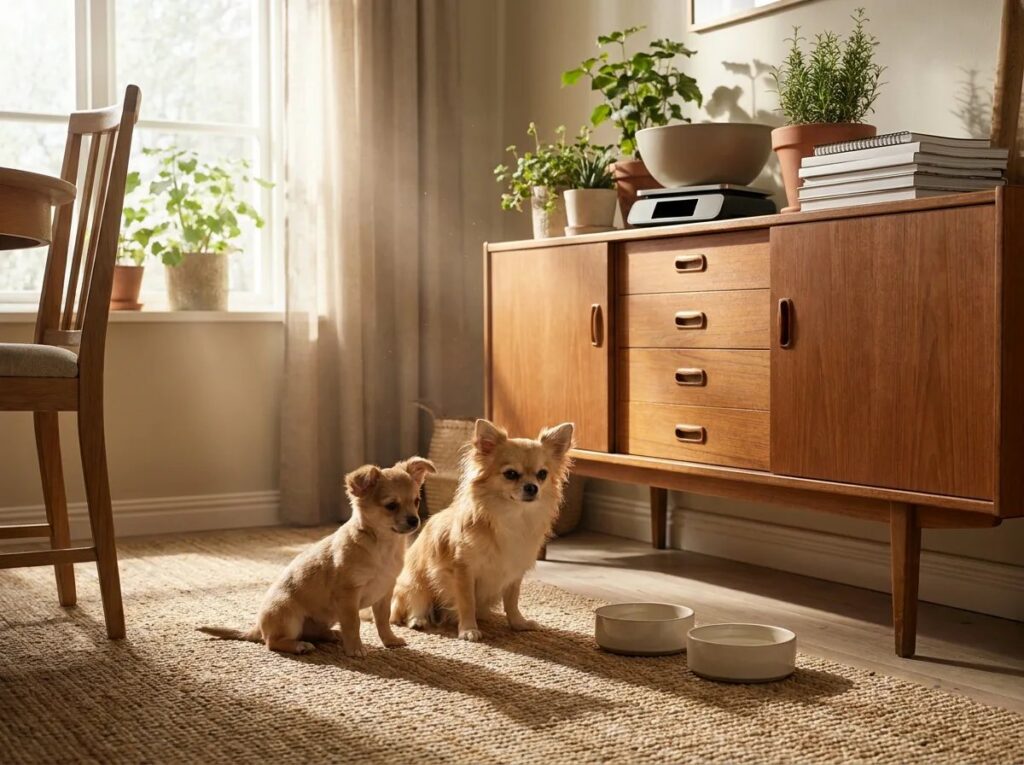 Chihuahua puppy and adult beside separate empty bowls.
