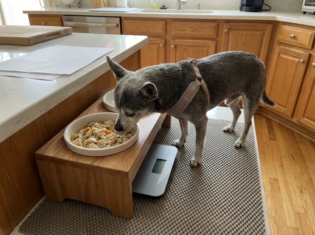 Gray-muzzled Chihuahua eating at a feeding station on a textured mat.