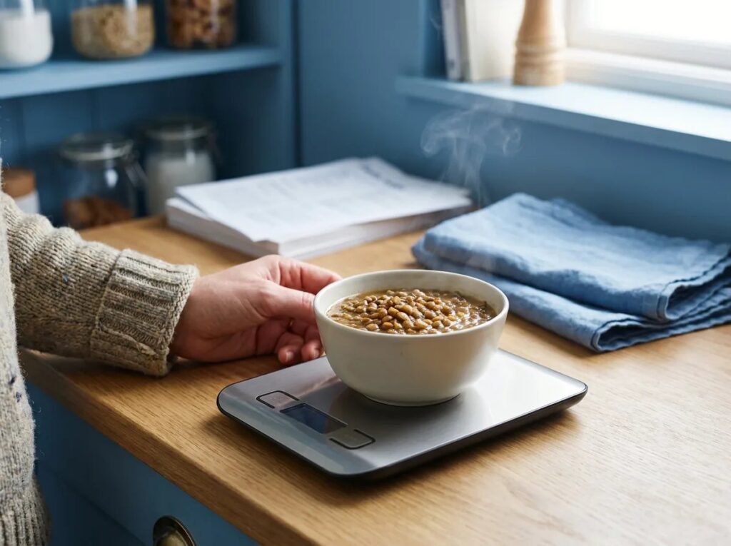 Hand steadying a small bowl of moist food on a scale.