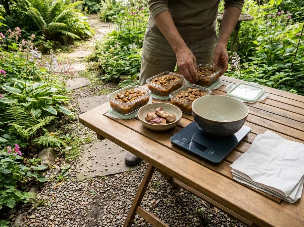 Owner arranging meal containers beside an empty bowl, scale and separate dish of cooked meat pieces.