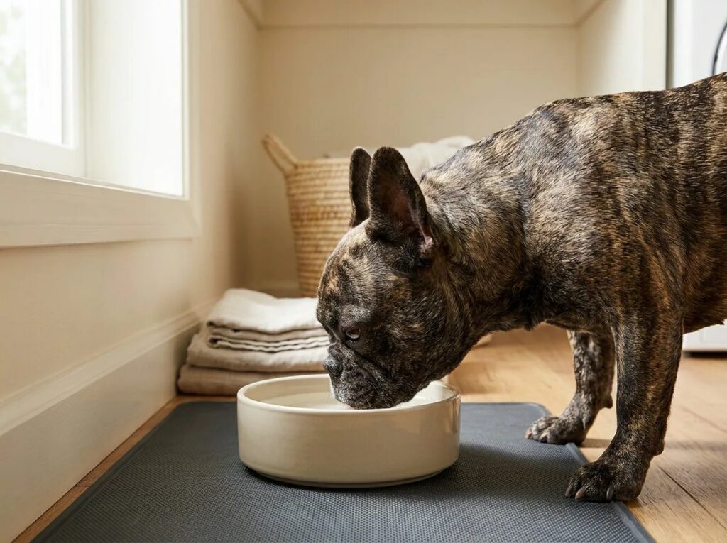 French Bulldog reaching into a floor-level bowl on a nonslip mat.