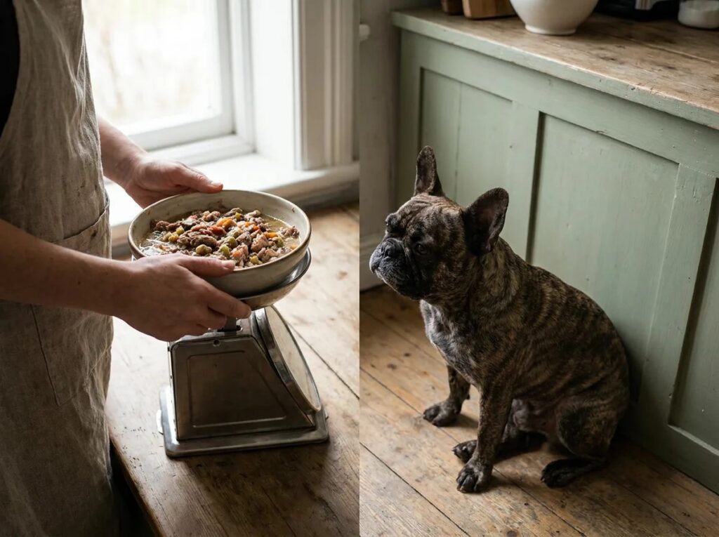 Owner weighing a food bowl while a French Bulldog waits nearby.