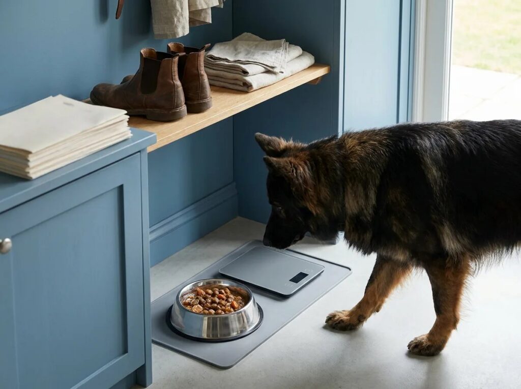 Adult German Shepherd approaching a stainless steel bowl in a blue entryway.