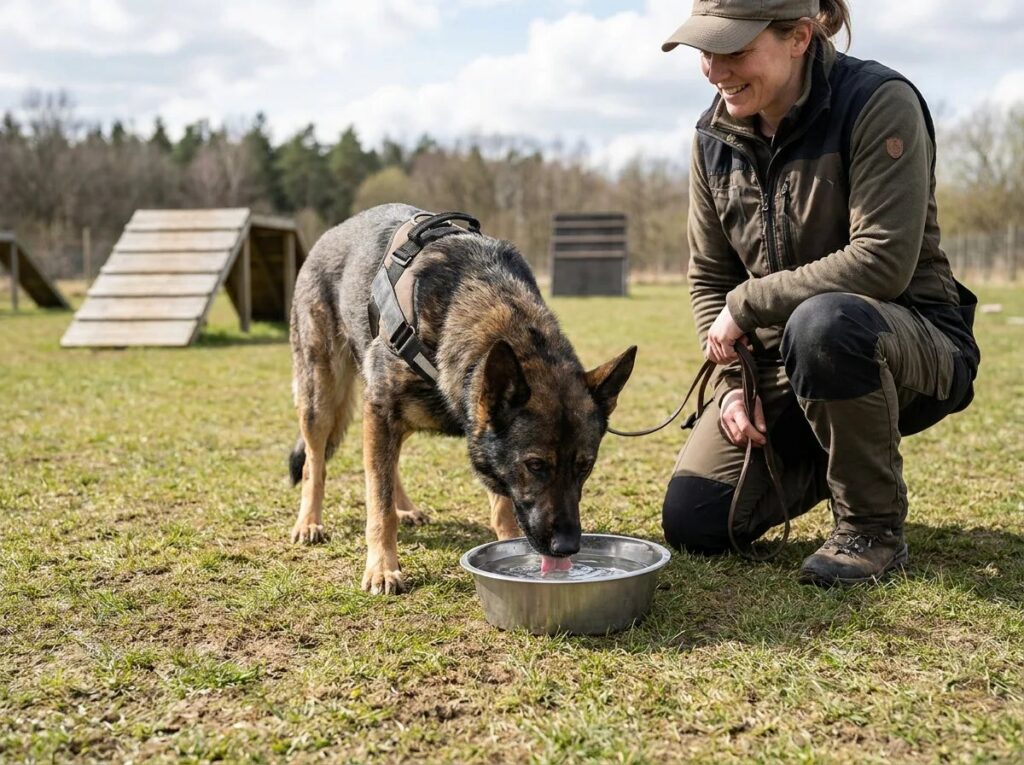 German Shepherd drinking from a water bowl beside its handler on a training field.