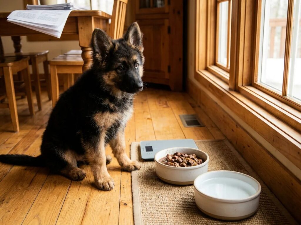 German Shepherd puppy beside a bowl and water dish near a window.
