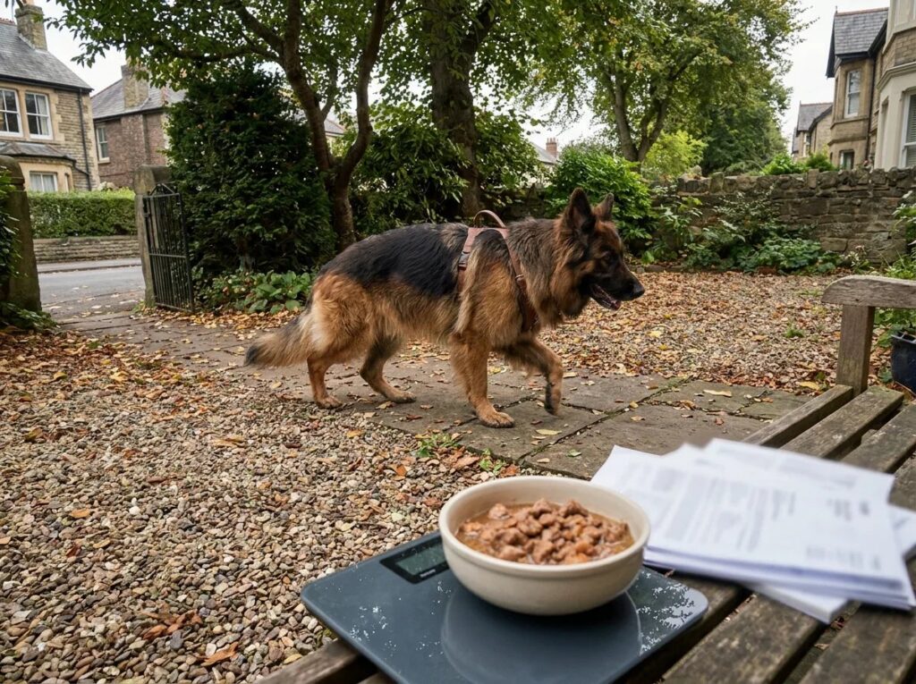 German Shepherd walking through a residential front garden.
