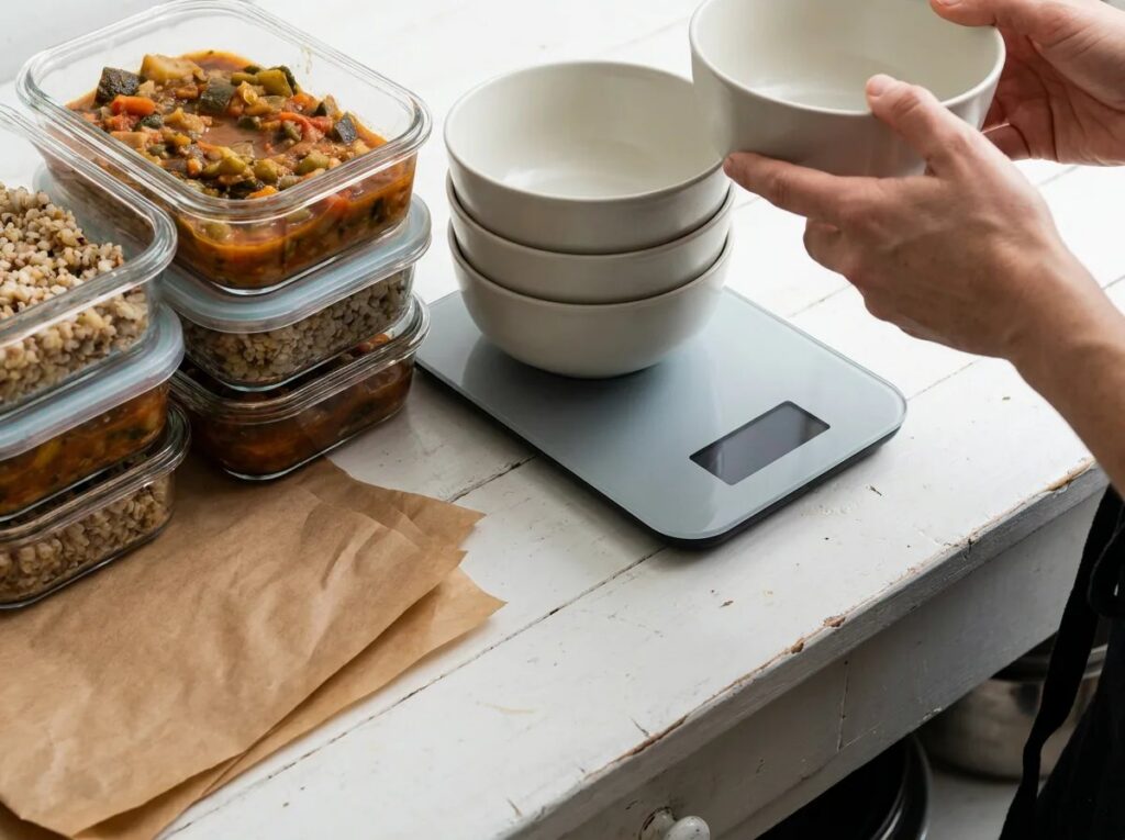 Hands arranging bowls and food containers beside a scale.