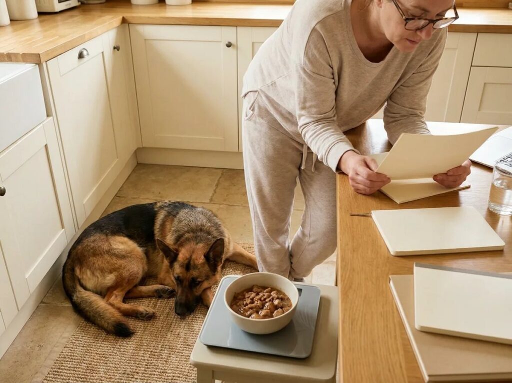 Owner reading papers beside a resting German Shepherd, bowl and scale.