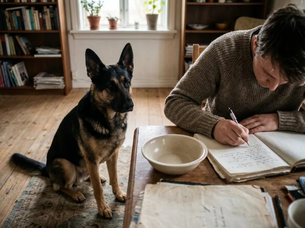 Owner writing in a notebook beside an empty bowl while a German Shepherd sits nearby.