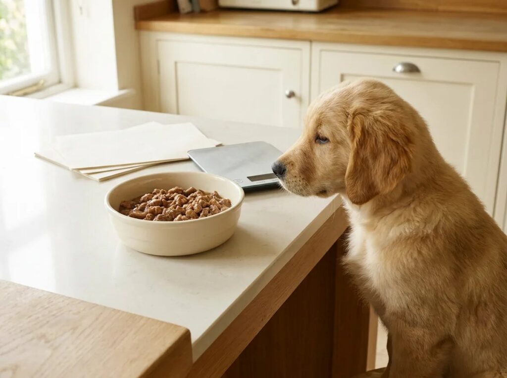 Golden Retriever puppy looking toward a plain food bowl on a counter.