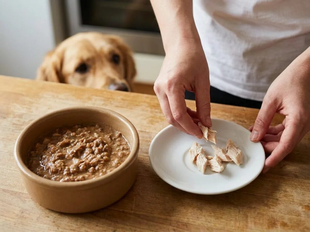Hands separating cooked chicken pieces onto a small plate beside a bowl of moist food while a Golden Retriever watches.