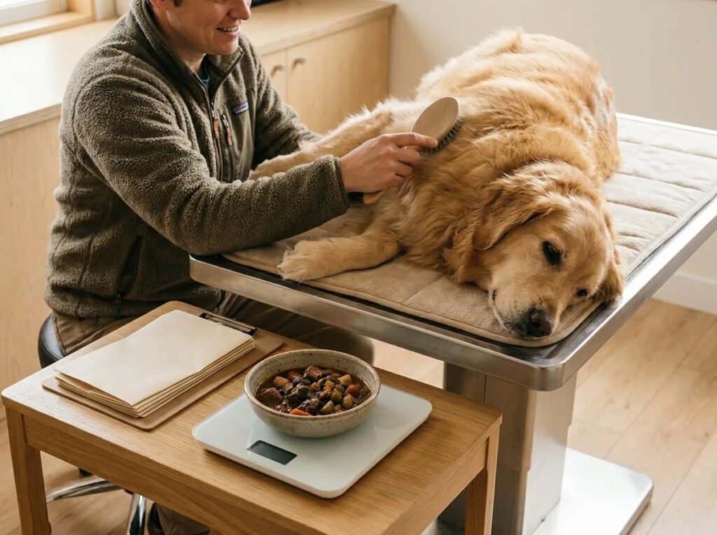 Owner brushing a relaxed Golden Retriever on a padded grooming table.
