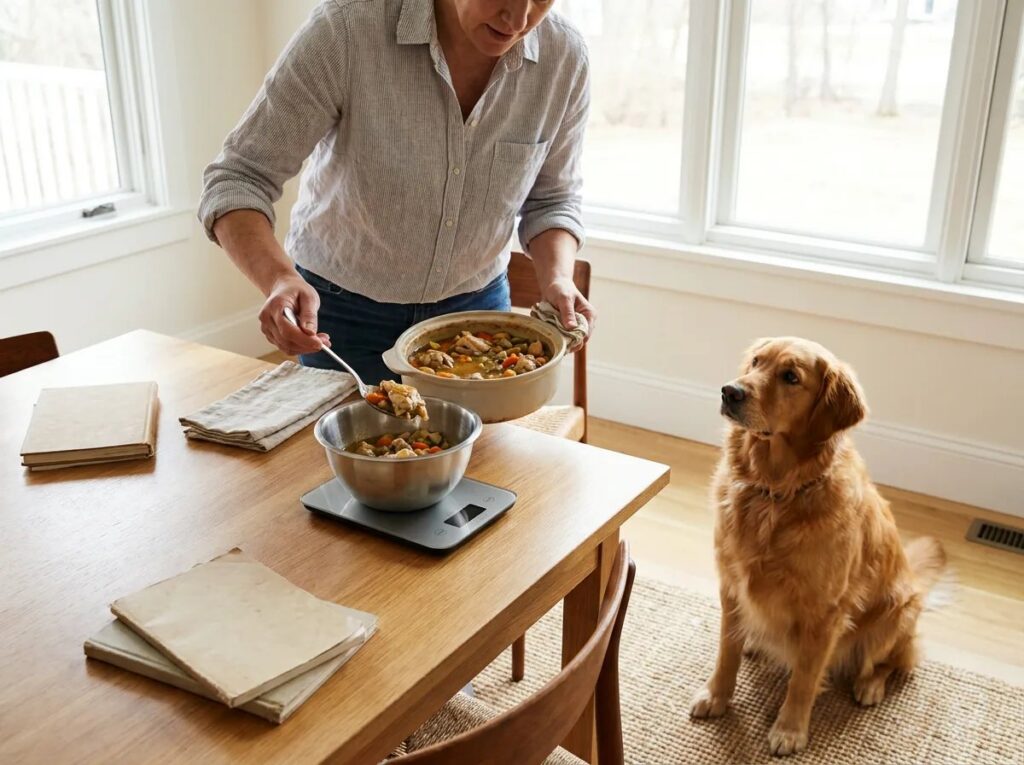 Owner spooning cooked food into a bowl on a scale while a Golden Retriever waits.