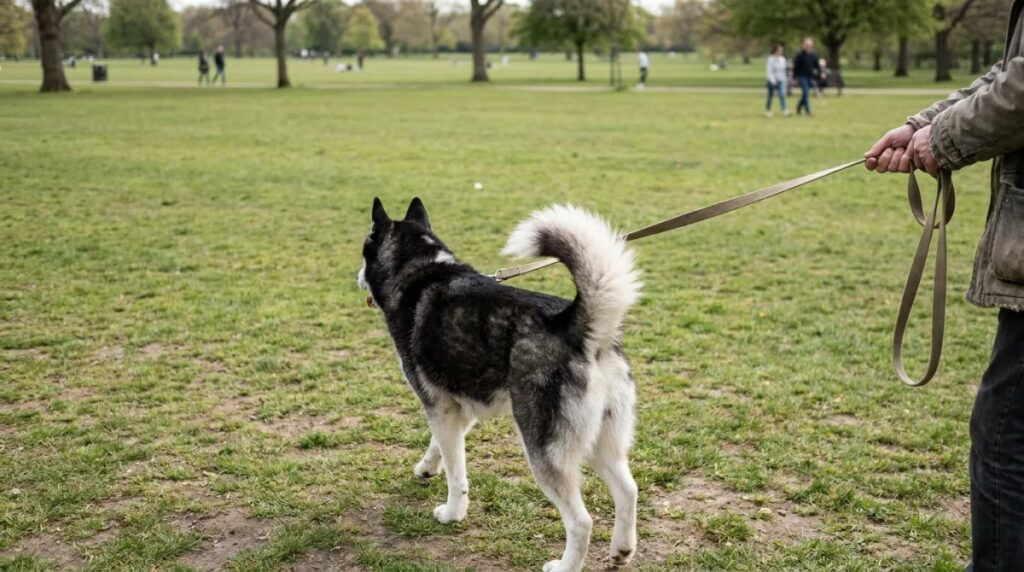 A black-and-white Husky walks with its owner in a park