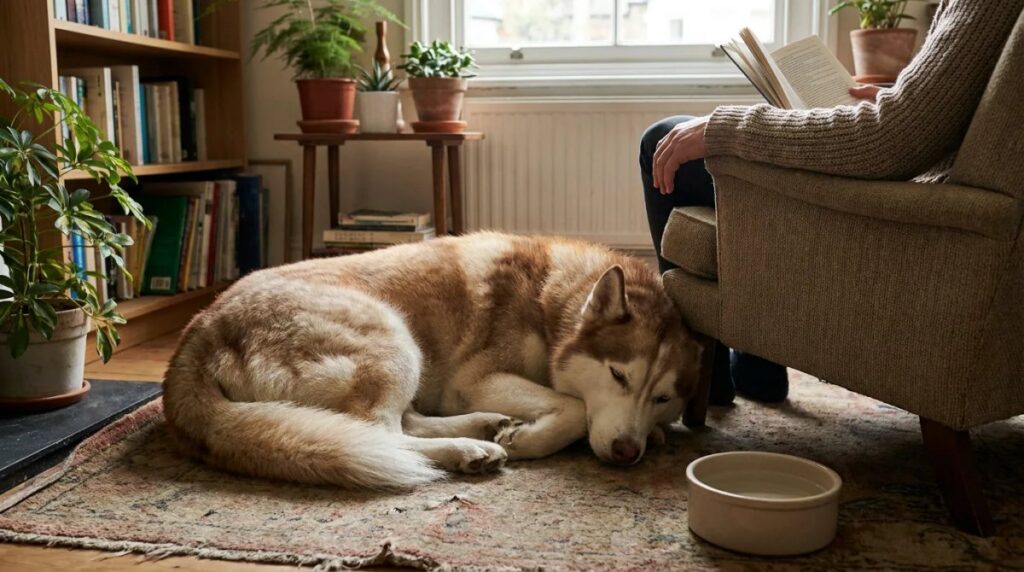 A red-and-white Husky rests beside an armchair