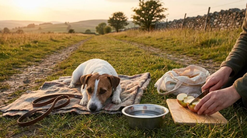 A Jack Russell rests beside its owner and a water bowl after a walk.