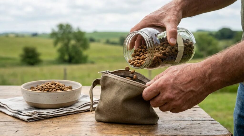 An owner measures dry training food into a pouch.