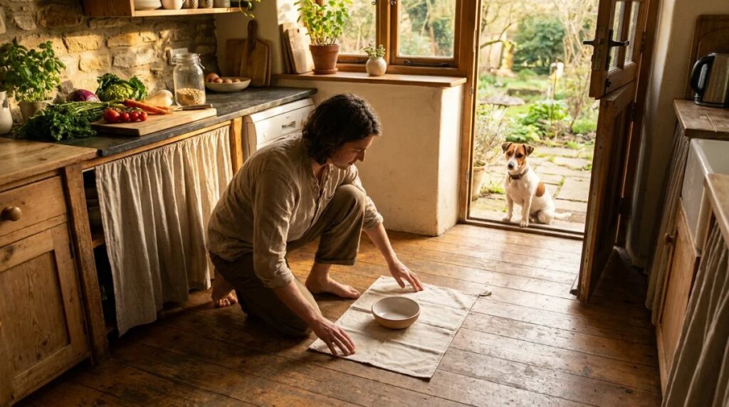 An owner sets down a bowl while a Jack Russell waits at the doorway.