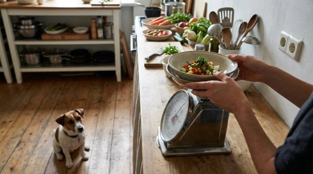 A person weighs a meal while a Jack Russell waits nearby.