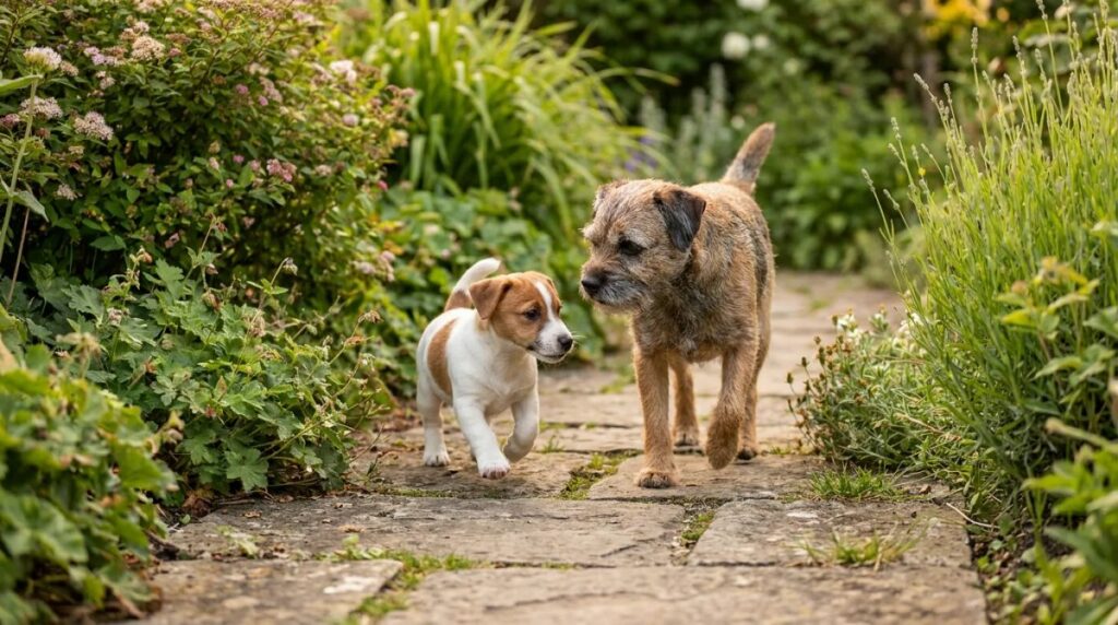 Two terriers of different sizes stand on a garden path.