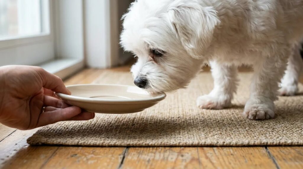 A Maltese investigates the rim of a shallow dish