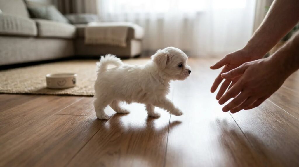 A Maltese puppy walks toward its owner indoors