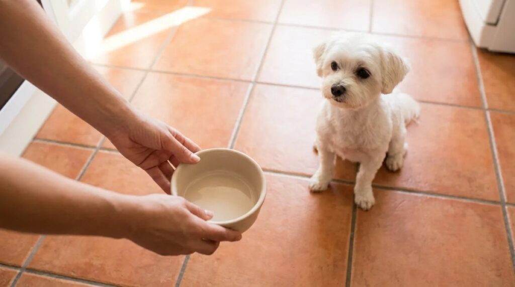 An owner removes a bowl while an adult Maltese waits nearby