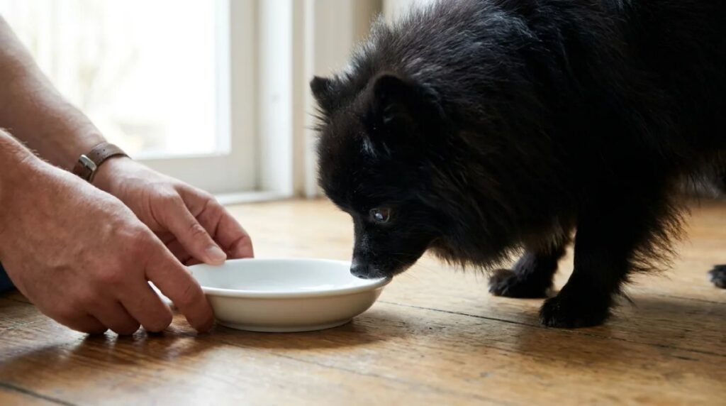 A black Pomeranian approaches a shallow dish