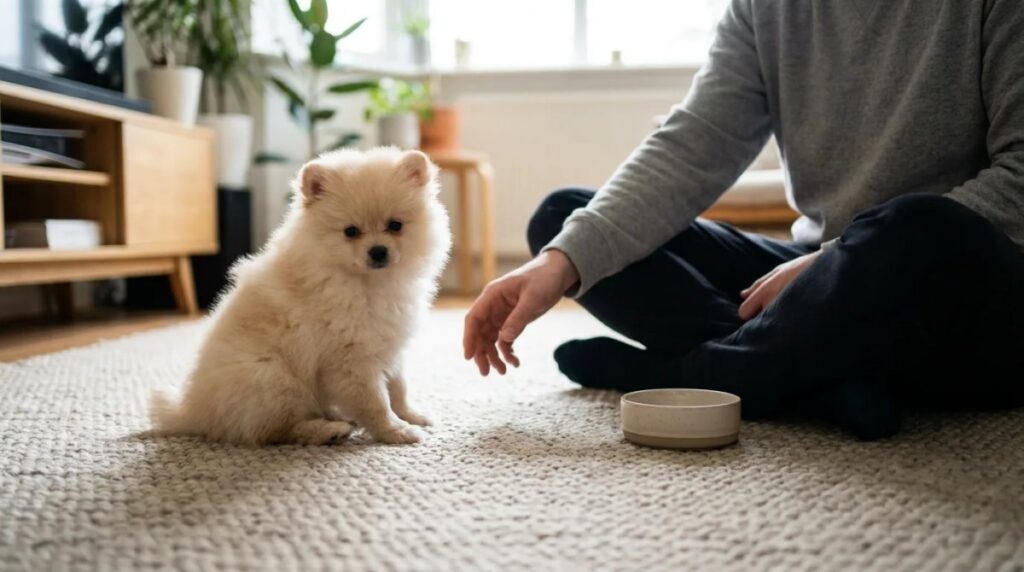 A cream Pomeranian puppy sits beside its owner on a rug