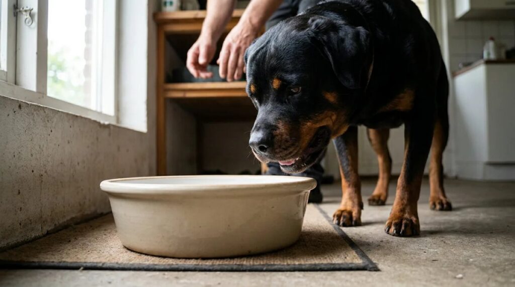 An adult Rottweiler approaches a broad bowl in a utility room
