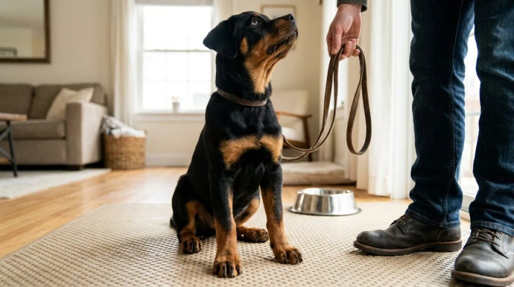 A Rottweiler puppy sits beside its owner’s legs indoors
