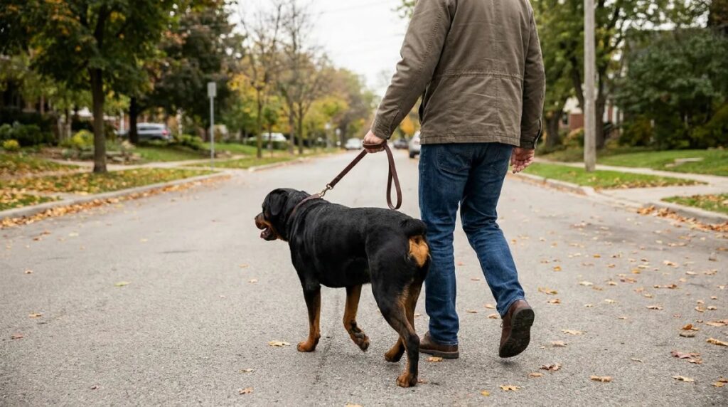 A Rottweiler takes an ordinary neighborhood walk with its owner