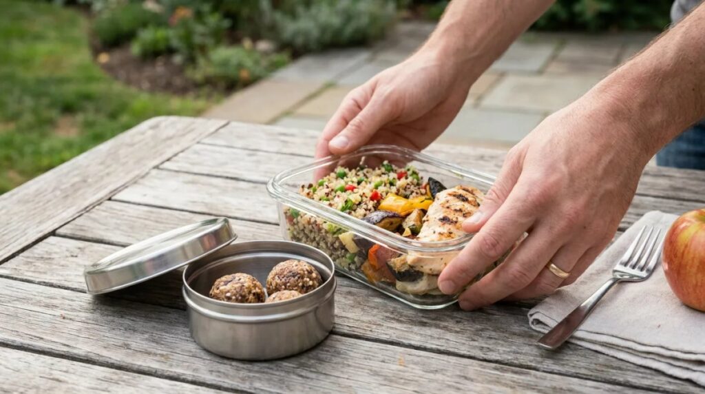 A meal container beside a separate small treat container.