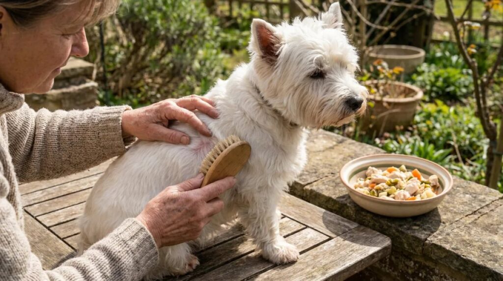 An owner gently brushes a Westie's coat outdoors.