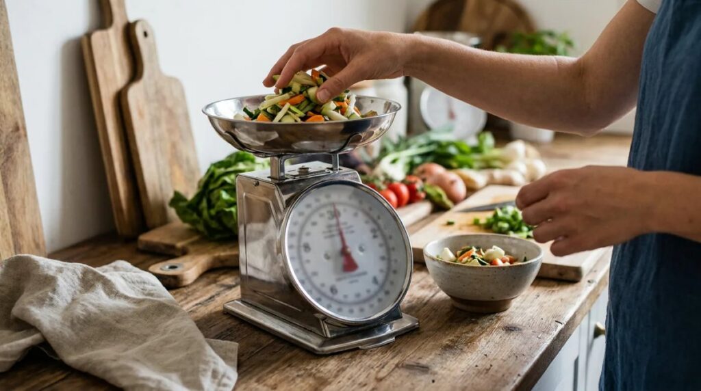 A person measures a meal beside a dog bowl.