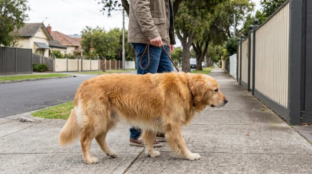 A Golden Retriever walks with its owner on a neighborhood footpath