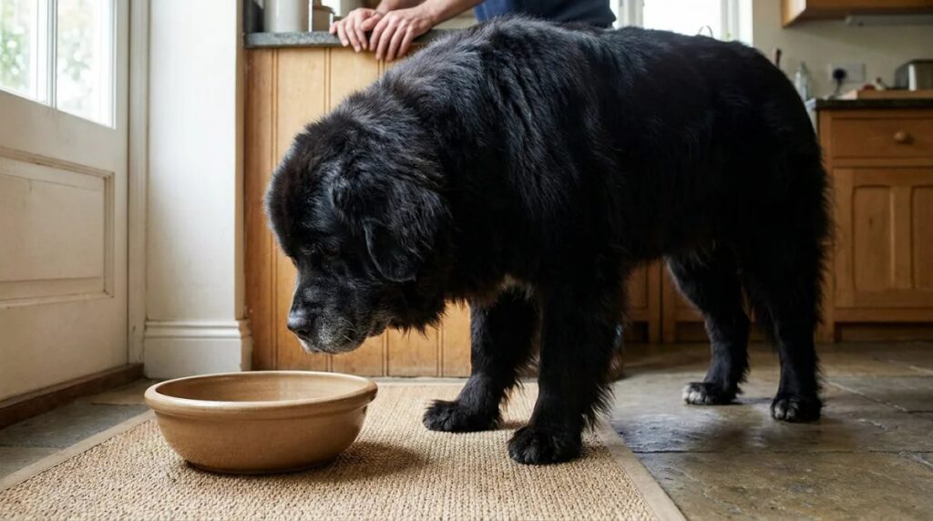 A Newfoundland approaches a broad ceramic dish on a kitchen mat
