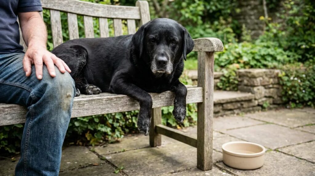 An older black Labrador rests beside its owner on a garden bench