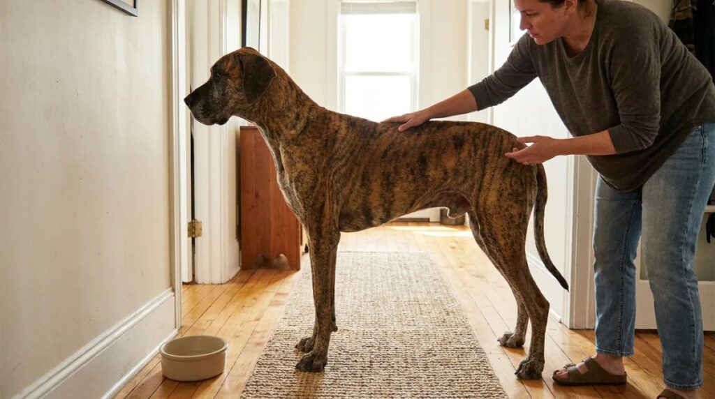 An owner observes a brindle Great Dane standing on a hallway runner