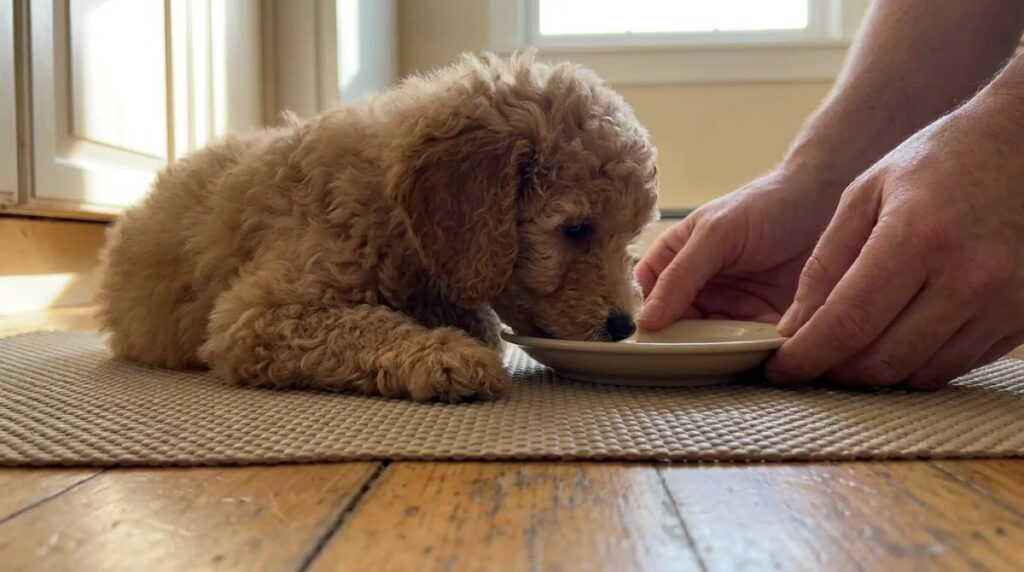A miniature Poodle puppy investigates a shallow dish