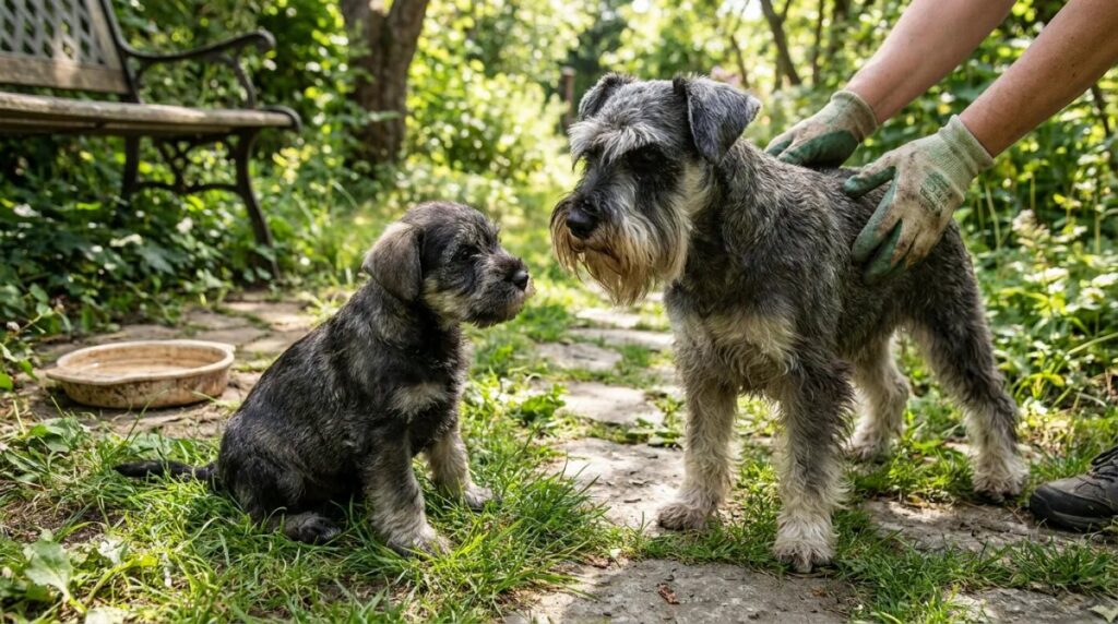 A miniature Schnauzer puppy and adult stand together in a garden